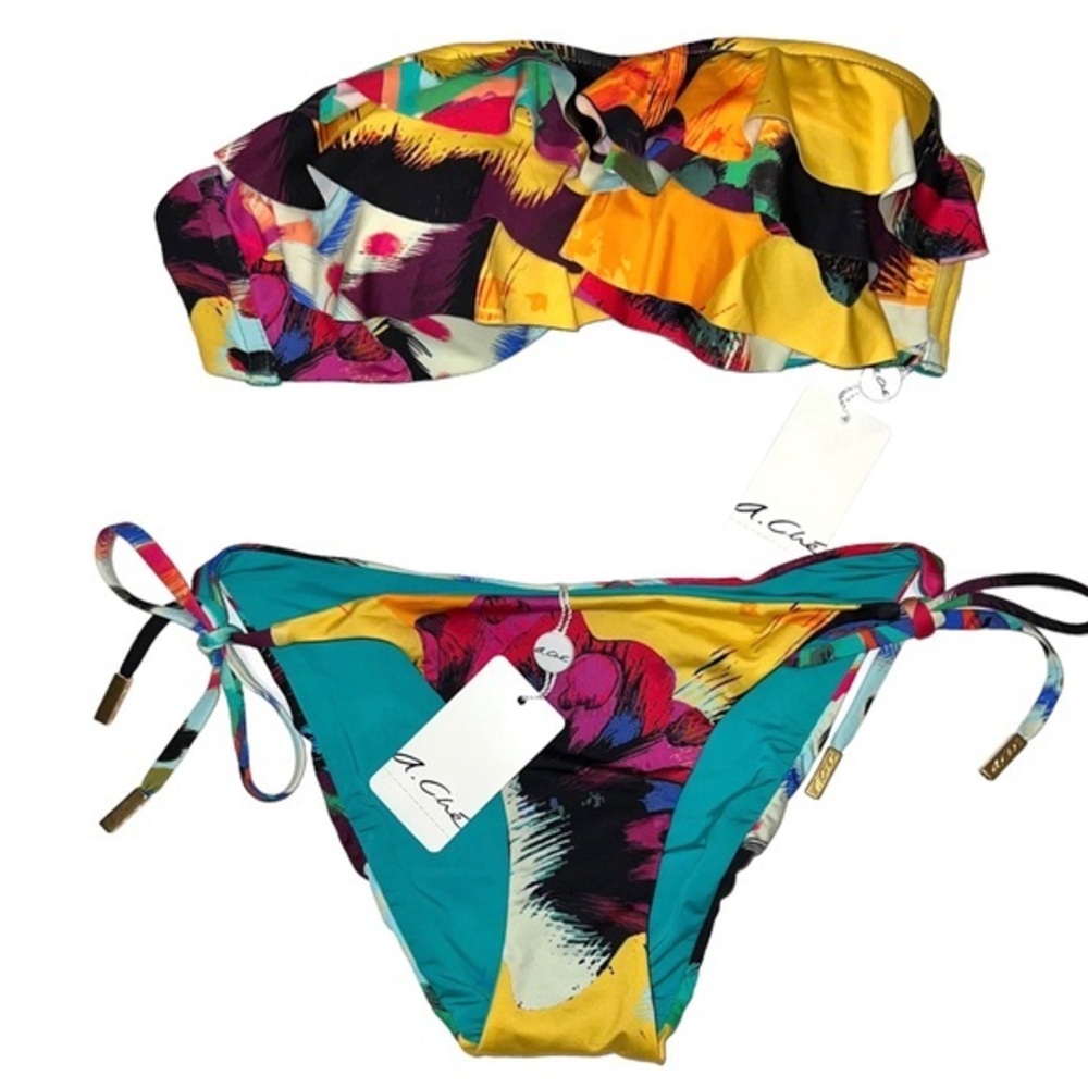 A. Che’ sz XS colorful Flower Child ruffle bandeau cheeky string bikini swimsuit